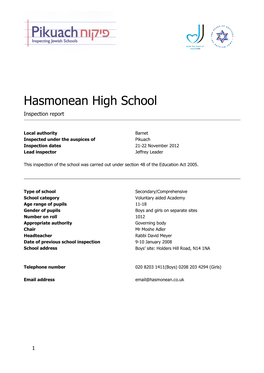 Hasmonean High School Inspection Report