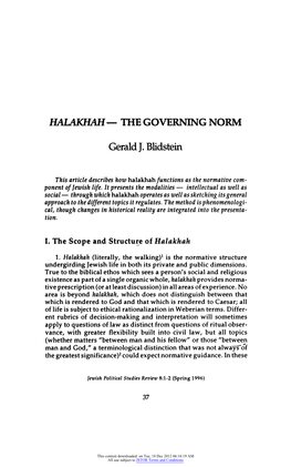 Halakhah? the Governing Norm