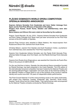 Press Release Plácido Domingo's World Opera