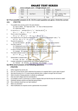 12Th Physics Chapter 3 Test 2 Mcqs+SQ