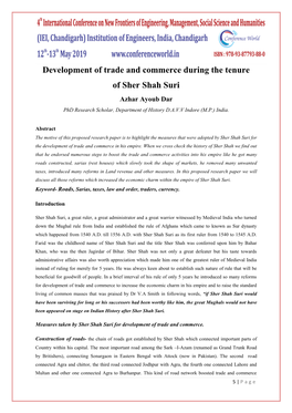 Development of Trade and Commerce During the Tenure of Sher Shah Suri Azhar Ayoub Dar Phd Research Scholar, Department of History D.A.V.V Indore (M.P.) India