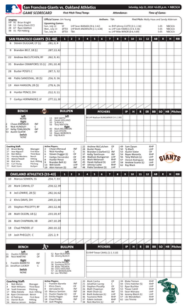 San Francisco Giants Vs. Oakland Athletics Saturday, July 21, 2018 W6:05 P.M