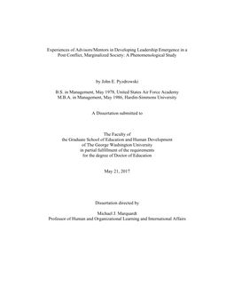 Experiences of Advisors/Mentors in Developing Leadership Emergence in a Post Conflict, Marginalized Society: a Phenomenological Study