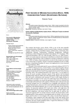 First Record of Mesobuthus Eupeus (Koch, 1839) from Western Turkey (Scorpiones: Buthidae)