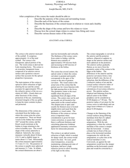 CORNEA Anatomy, Physiology and Pathology by Joseph Bacotti, MD, FACS After Completion of This Course the Reader Should Be Able