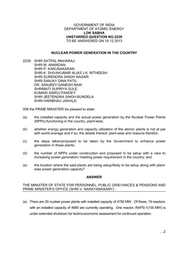 Nuclear Power Generation in the Country