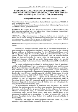 Subgeneric Arrangement of Mallosia Mulsant, 1862 with Three New Subgenera, and a New Species from Turkey (Coleoptera: Cerambycidae)