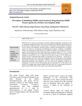 Prevalence of Multidrug (MDR) and Extensively Drug Resistant (XDR) Proteus Species in a Tertiary Care Hospital, India