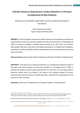 O Direito Animal No Ordenamento Jurídico Brasileiro E O Princípio Constitucional Da Não-Violência