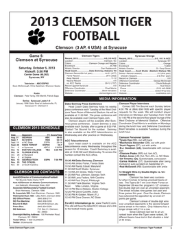 2013 CLEMSON TIGER FOOTBALL Clemson (3 AP, 4 USA) at Syracuse