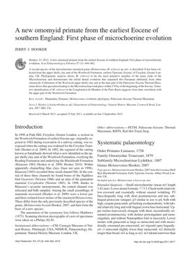 A New Omomyid Primate from the Earliest Eocene of Southern England: First Phase of Microchoerine Evolution