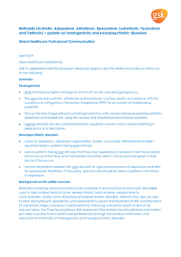 Retinoids (Acitretin, Adapalene, Alitretinoin, Bexarotene, Isotretinoin, Tazarotene and Tretinoin) – Update on Teratogenicity and Neuropsychiatric Disorders