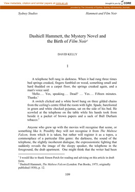 Dashiell Hammett, the Mystery Novel and the Birth of Film Noir1