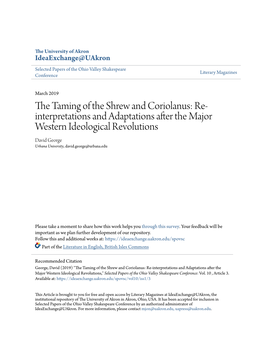 The Taming of the Shrew and Coriolanus: Re-Interpretations and Adaptations After the Major Western Ideological Revolutions David George, Urbana University