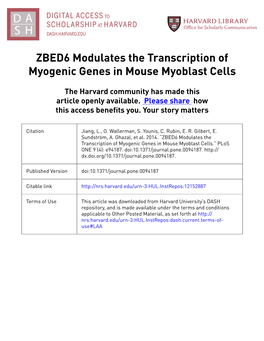 ZBED6 Modulates the Transcription of Myogenic Genes in Mouse Myoblast Cells