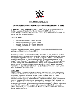 Los Angeles to Host Wwe® Survivor Series® in 2018
