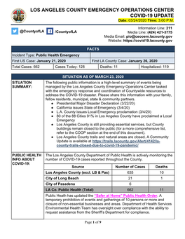 LOS ANGELES COUNTY EMERGENCY OPERATIONS CENTER COVID-19 UPDATE Date: 03/24/2020 Time: 3:00 P.M