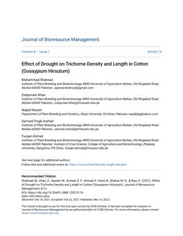 Effect of Drought on Trichome Density and Length in Cotton (Gossypium Hirsutum)