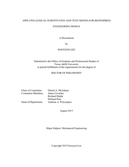 APPLYING LEXICAL SUBSTITUTION and TEXT MINING for BIOINSPIRED ENGINEERING DESIGN a Dissertation by SOOYEON LEE Submitted To