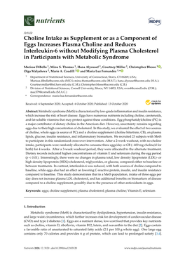 Choline Intake As Supplement Or As a Component of Eggs Increases