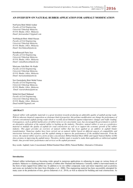 An Overview on Natural Rubber Application for Asphalt Modification