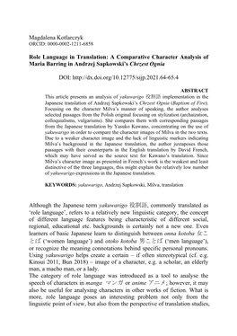 A Comparative Character Analysis of Maria Barring in Andrzej Sapkowski’S Chrzest Ognia