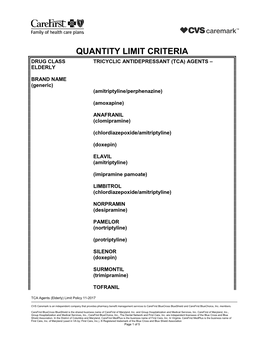 Quantity Limit Criteria Drug Class Tricyclic Antidepressant (Tca) Agents – Elderly