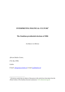 Interpreting Political Culture. the Zambian Presidential Elections Of