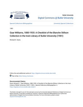 Gaar Williams, 1880-1935: a Checklist of the Blanche Stillson Collection in the Irwin Library of Butler University (1981)