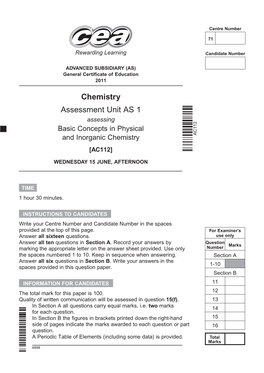 Chemistry Assessment Unit AS 1 Assessing Basic Concepts in Physical and Inorganic Chemistry AC112 [AC112]