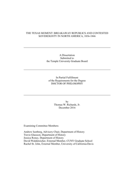 The Texas Moment: Breakaway Republics and Contested Sovereignty in North America, 1836-1846