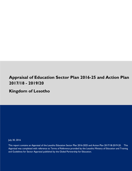 Appraisal of Education Sector Plan 2016-25 and Action Plan 2017/18 - 2019/20 Kingdom of Lesotho