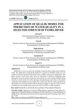 Application of Qual2k Model for Prediction of Water Quality in a Selected Stretch of Pamba River