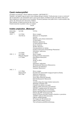 Meteorytofile! Chciałbym Się Podzielić Z Wami Indeksem Artykułów „METEORYTU”
