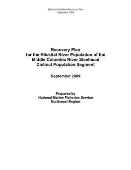 Recovery Plan for the Klickitat River Population of the Middle Columbia River Steelhead Distinct Population Segment