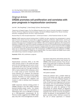 Original Article CREB5 Promotes Cell Proliferation and Correlates with Poor Prognosis in Hepatocellular Carcinoma