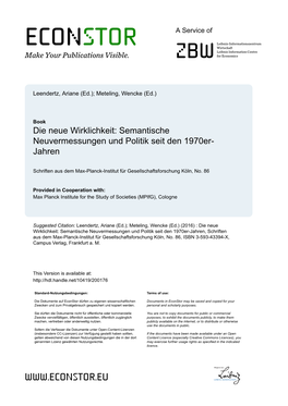 Die Neue Wirklichkeit: Semantische Neuvermessungen Und Politik Seit Den 1970Er- Jahren