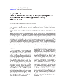 Original Article Effect of Adenoviral Delivery of Prodynorphin Gene on Experimental Inflammatory Pain Induced by Formalin in Rats