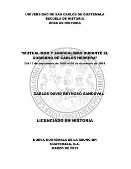 MUTUALISMO Y SINDICALISMO DURANTE EL GOBIERNO DE CARLOS HERRERA Del 15 De Septiembre De 1920 Al 05 De Diciembre De 1921