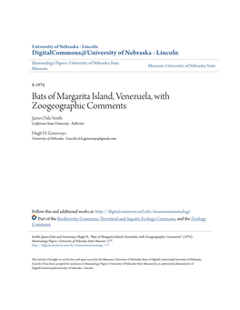 Bats of Margarita Island, Venezuela, with Zoogeographic Comments James Dale Smith California State University - Fullerton