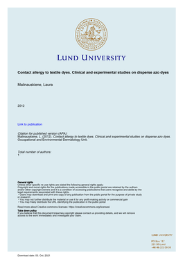 Contact Allergy to Textile Dyes. Clinical and Experimental Studies on Disperse Azo Dyes Malinauskiene, Laura