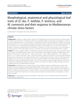 Morphological, Anatomical and Physiological Leaf Traits of Q. Ilex, P