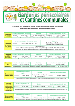 Ce Document Vous Présente Une Liste Des Accueils Périscolaires Et Cantines Des Communes Du Territoire De La Communauté De Communes Vexin Centre