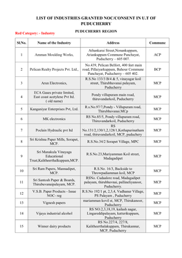 LIST of INDUSTRIES GRANTED NOC/CONSENT in U.T of PUDUCHERRY PUDUCHERRY REGION Red Category: - Industry