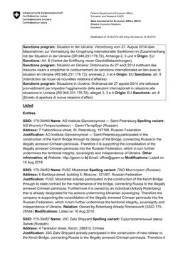 Sanctions Program: Situation in Der Ukraine: Verordnung Vom 27