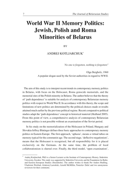 World War II Memory Politics: Jewish, Polish and Roma Minorities of Belarus