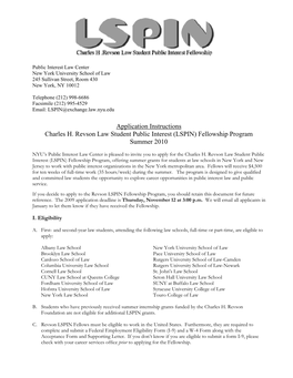 Application Instructions Charles H. Revson Law Student Public Interest (LSPIN) Fellowship Program Summer 2010