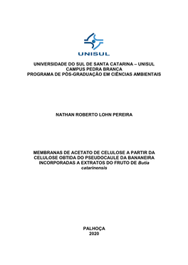 Universidade Do Sul De Santa Catarina – Unisul Campus Pedra Branca Programa De Pós-Graduação Em Ciências Ambientais
