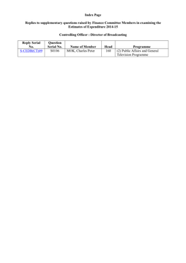 Index Page Replies to Supplementary Questions Raised by Finance Committee Members in Examining the Estimates of Expenditure 2014