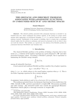 THE OBSTACLE and DIRICHLET PROBLEMS ASSOCIATED with P-HARMONIC FUNCTIONS in UNBOUNDED SETS in Rn and METRIC SPACES